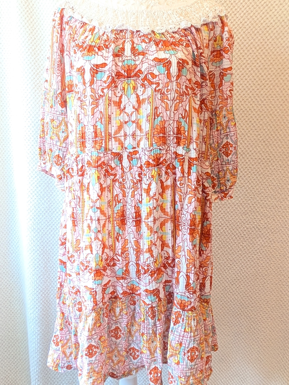 Anthropologie White Midi Dress with Orange and Turquoise Floral Print